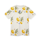Personalized Lemon & Olive Initial All Over Print T-Shirt — White stitching / 4 oz. / S, White stitching / 4 oz. / M, White stitching / 4 oz. / L, White stitching / 4 oz. / XL, White stitching / 4 oz. / 2XL — personalized example, official product view 2