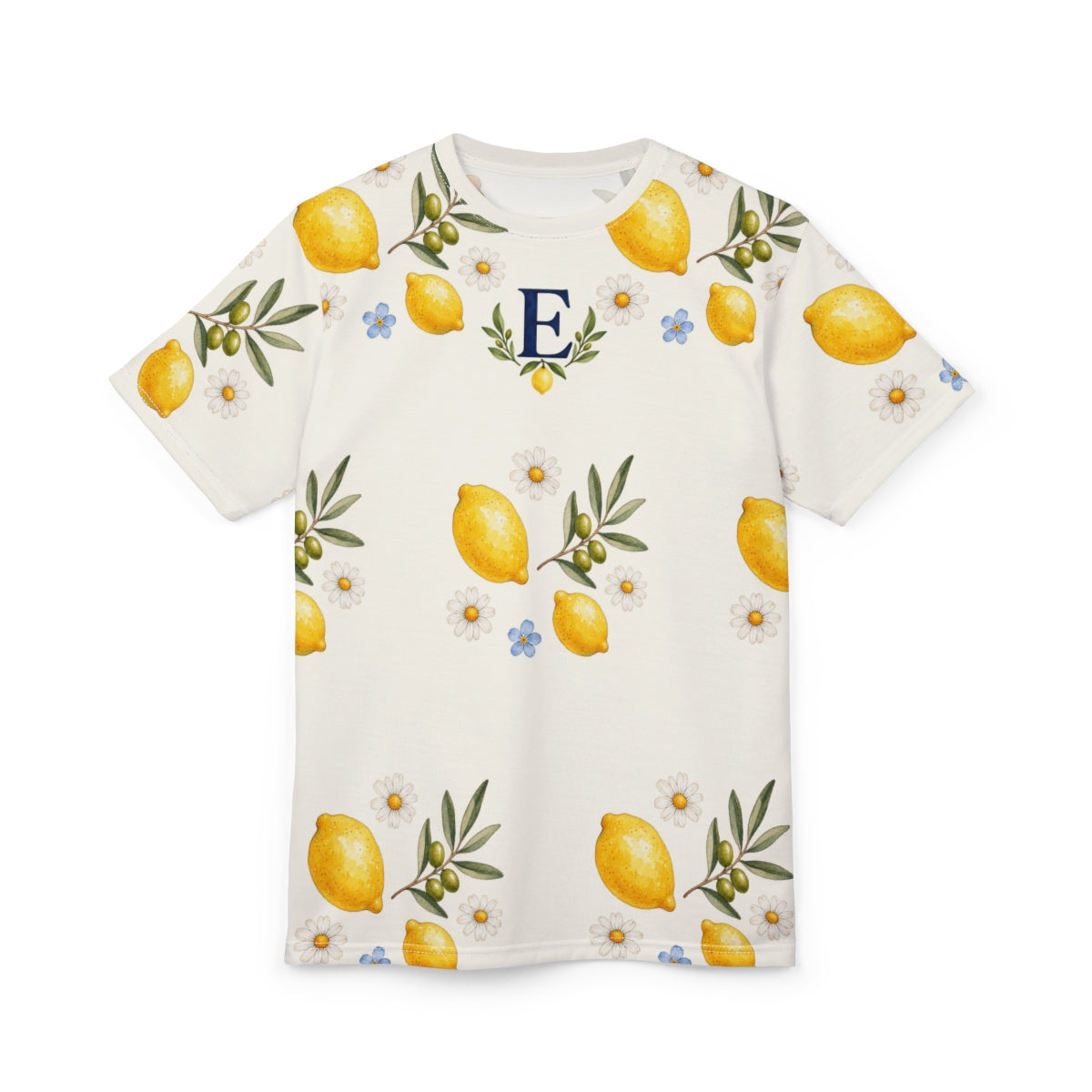 Personalized Lemon & Olive Initial All Over Print T-Shirt — White stitching / 4 oz. / S, White stitching / 4 oz. / M, White stitching / 4 oz. / L, White stitching / 4 oz. / XL, White stitching / 4 oz. / 2XL — personalized example, official product view 2