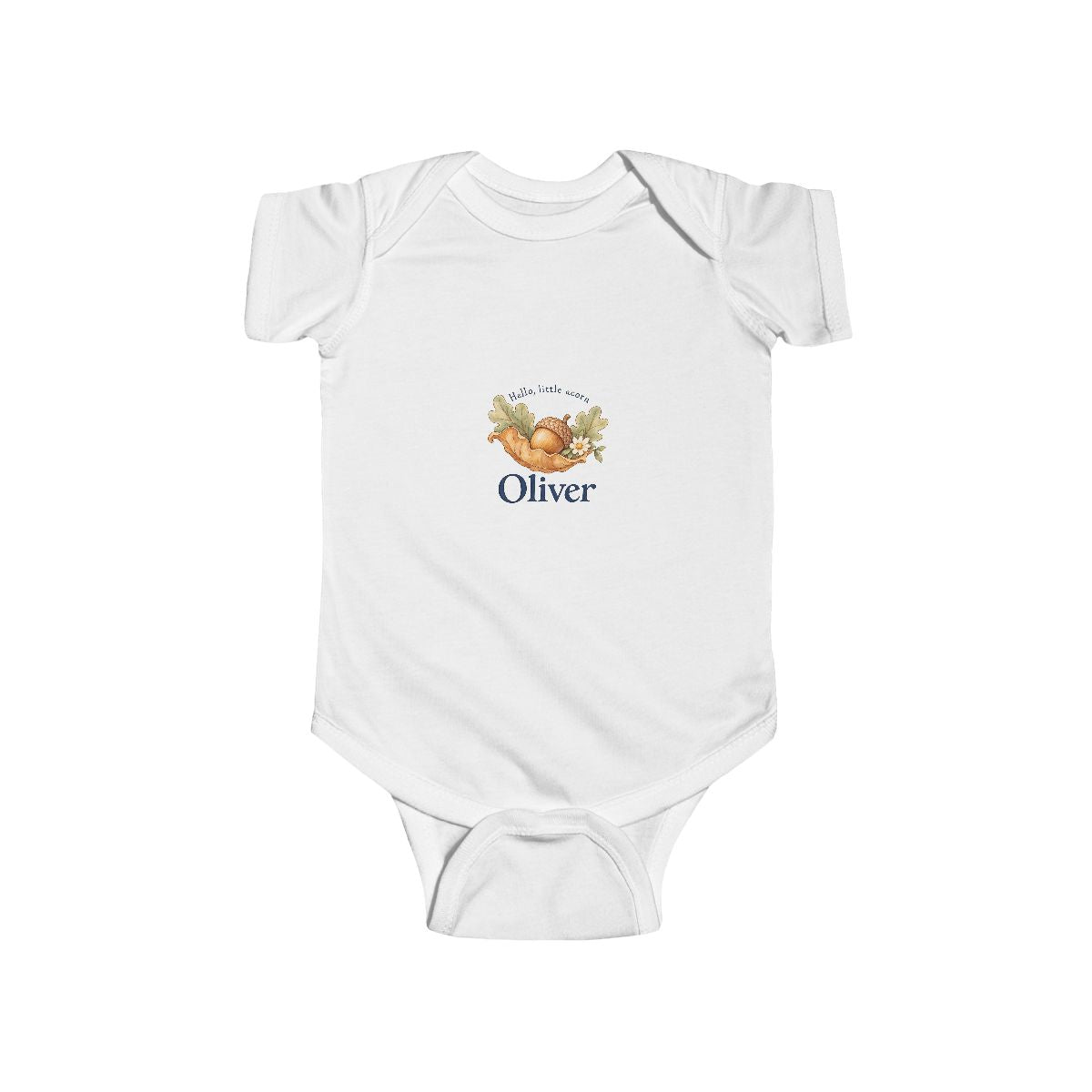 Personalized Little Acorn Baby Name Bodysuit — Woodland Gift — White / 24M, White / 6M, White / 18M, White / 12M — personalized example, official product view 1