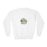 Personalized Little Explorer Name Youth Crewneck Sweatshirt — White / S, White / XL, White / L, White / XS, White / M — personalized example, official product view 1
