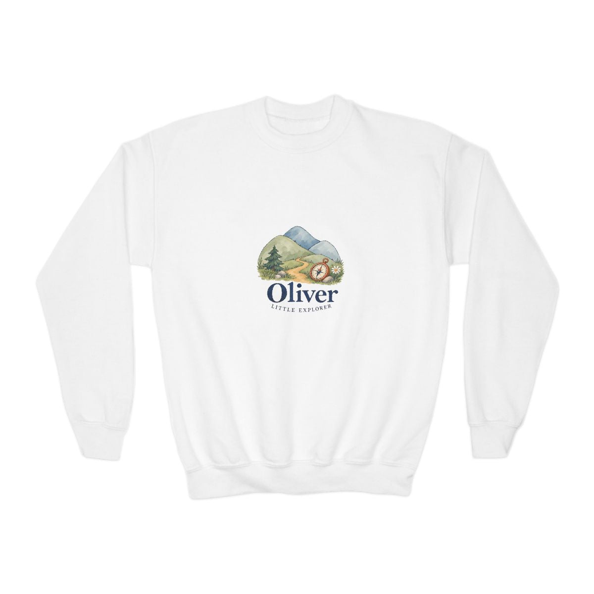 Personalized Little Explorer Name Youth Crewneck Sweatshirt — White / S, White / XL, White / L, White / XS, White / M — personalized example, official product view 1