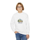 Personalized Little Explorer Name Youth Crewneck Sweatshirt — White / S, White / XL, White / L, White / XS, White / M — personalized example, official product view 3