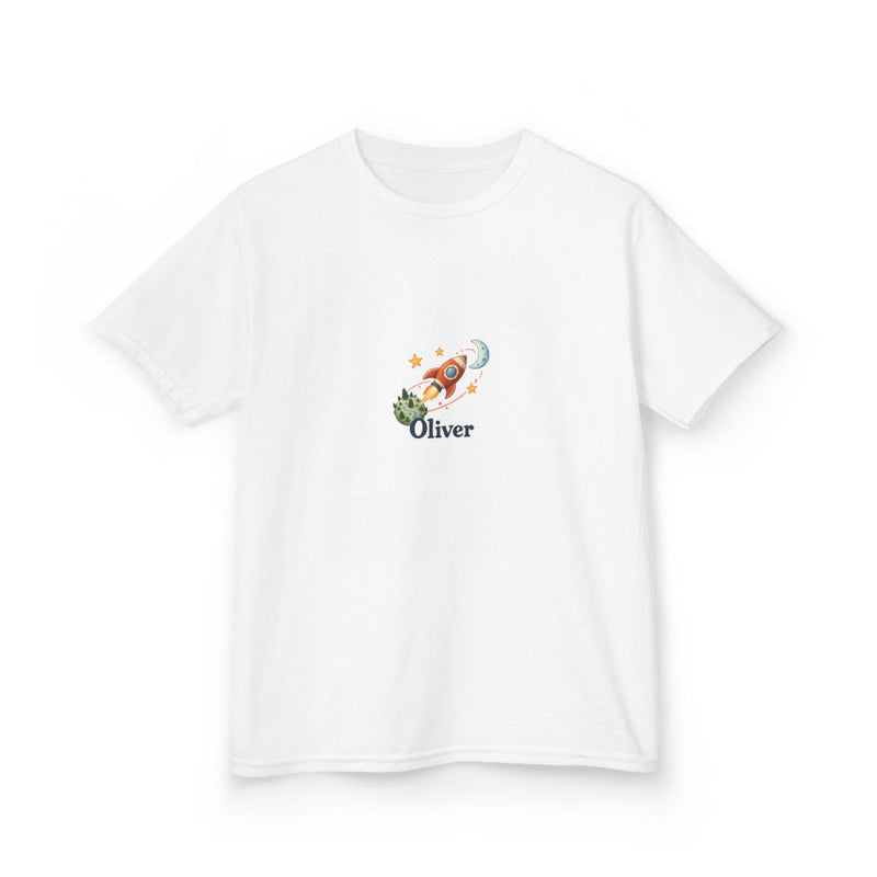 Personalized Little Planet Explorer Kids T-Shirt — Custom Name — XL / White, XS / White, M / White, L / White, S / White — personalized example, official product view 3