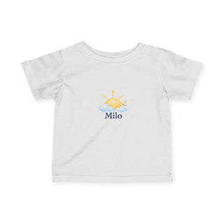 Personalized Little Sunshine Baby Name Fine Jersey Tee — White / 6M, White / 12M, White / 18M, White / 24M — personalized example, official product view 1