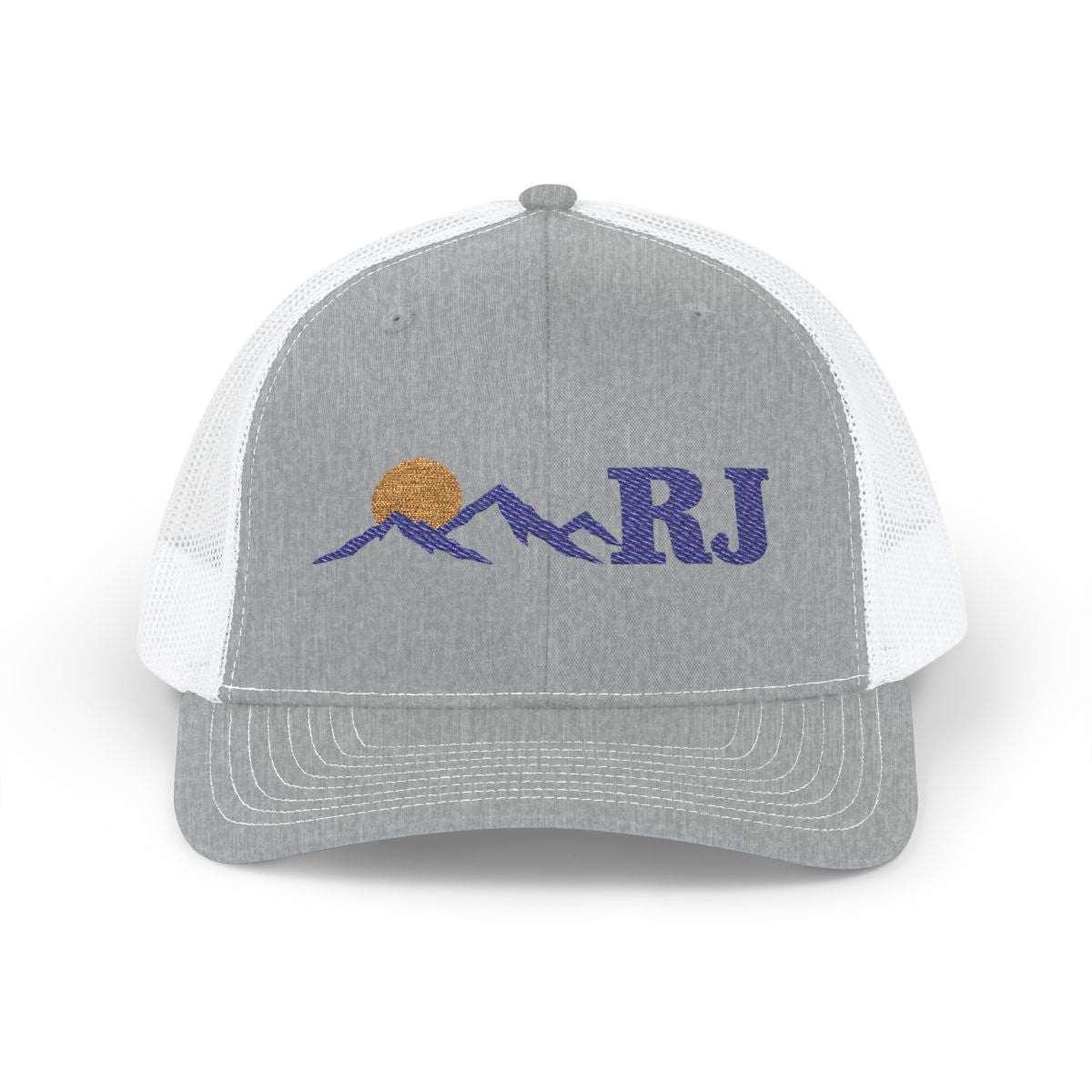 Personalized Mountain Sunrise Initials Embroidered Trucker Cap — One size / Heather Grey / White — personalized example, official product view 1