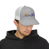 Personalized Mountain Sunrise Initials Embroidered Trucker Cap — One size / Heather Grey / White — personalized example, official product view 3