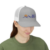 Personalized Mountain Sunrise Initials Embroidered Trucker Cap — One size / Heather Grey / White — personalized example, official product view 5