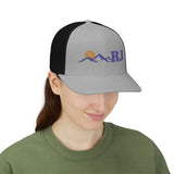 Personalized Mountain Sunrise Initials Embroidered Trucker Cap — One size / Heather Grey / Black — personalized example, official product view 11