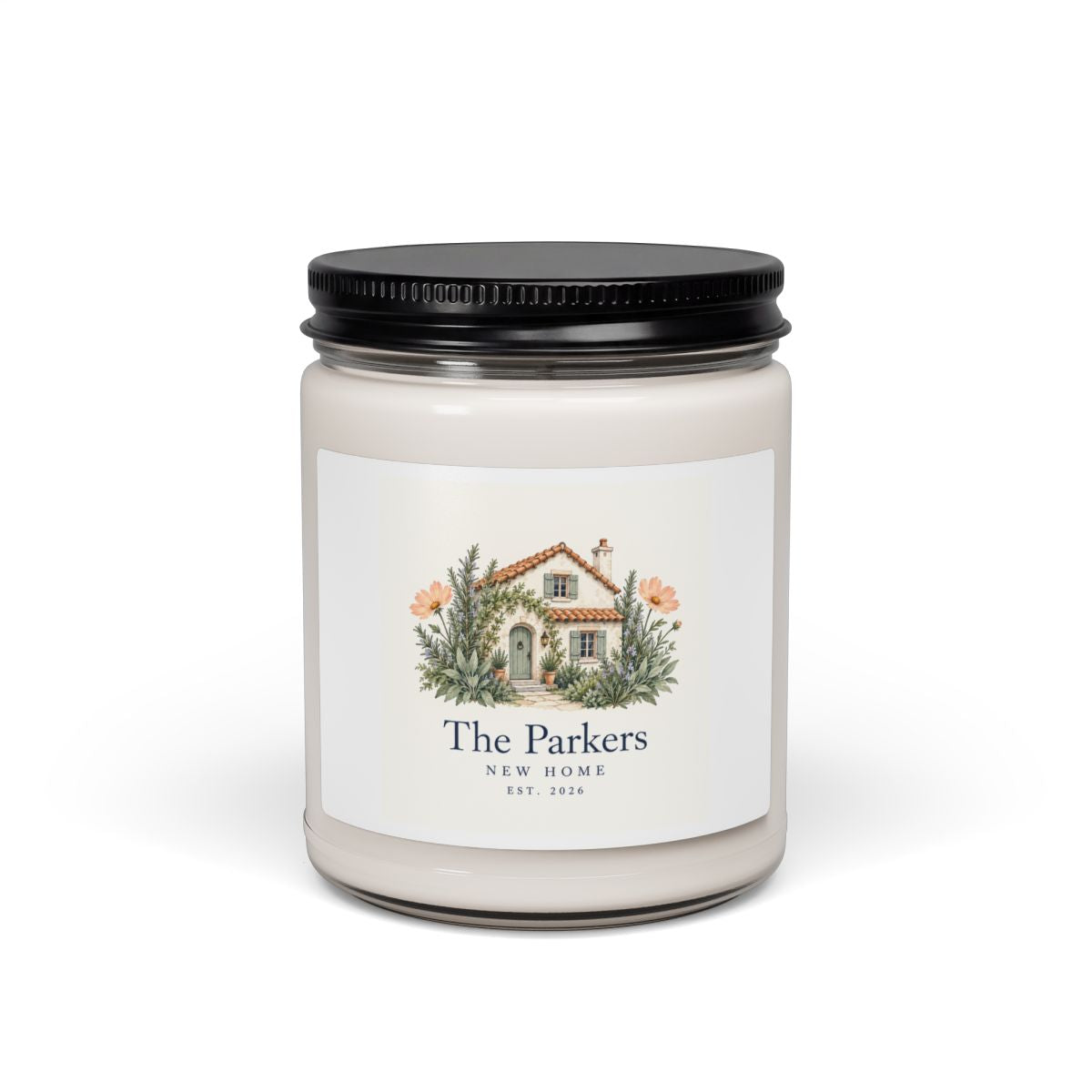 Personalized New Home Family Name Soy Blend Candle — 9oz — Clean Cotton / 9oz — personalized example, official product view 1