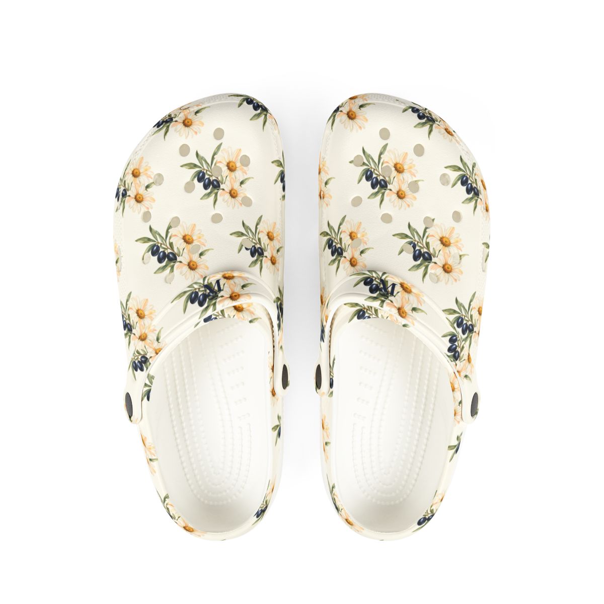 Personalized Olive Daisy Initial Womens EVA Clogs — US 6 (Women's) / White, US 6.5 (Women's) / White, US 7.5 (Women's) / White, US 8 (Women's) / White, US 9 (Women's) / White, US 9.5 (Women's) / White, US 10.5 (Women's) / White, US 11.5 (Women's) / White, US 12 (Women's) / White — personalized example, official product view 1