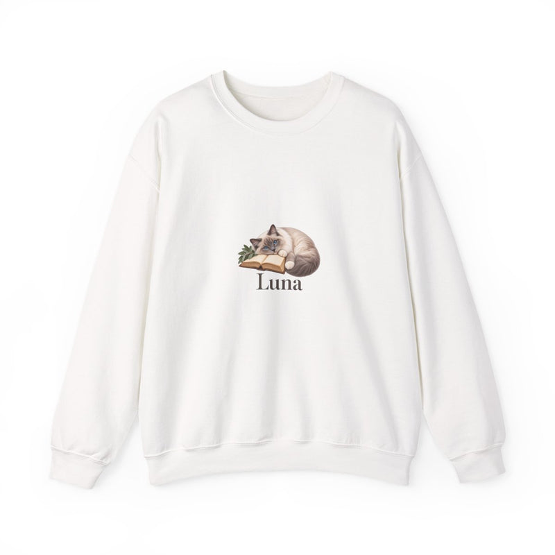 Personalized Ragdoll Reading Cat Name Sweatshirt — 2XL / White, S / White, M / White, XL / White, L / White — personalized example, official product view 1
