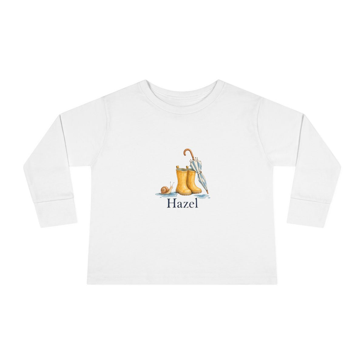 Personalized Rainboots & Little Snail Name Toddler Long Sleeve Tee — White / 3T, White / 2T, White / 4T, White / 5-6T — personalized example, official product view 1