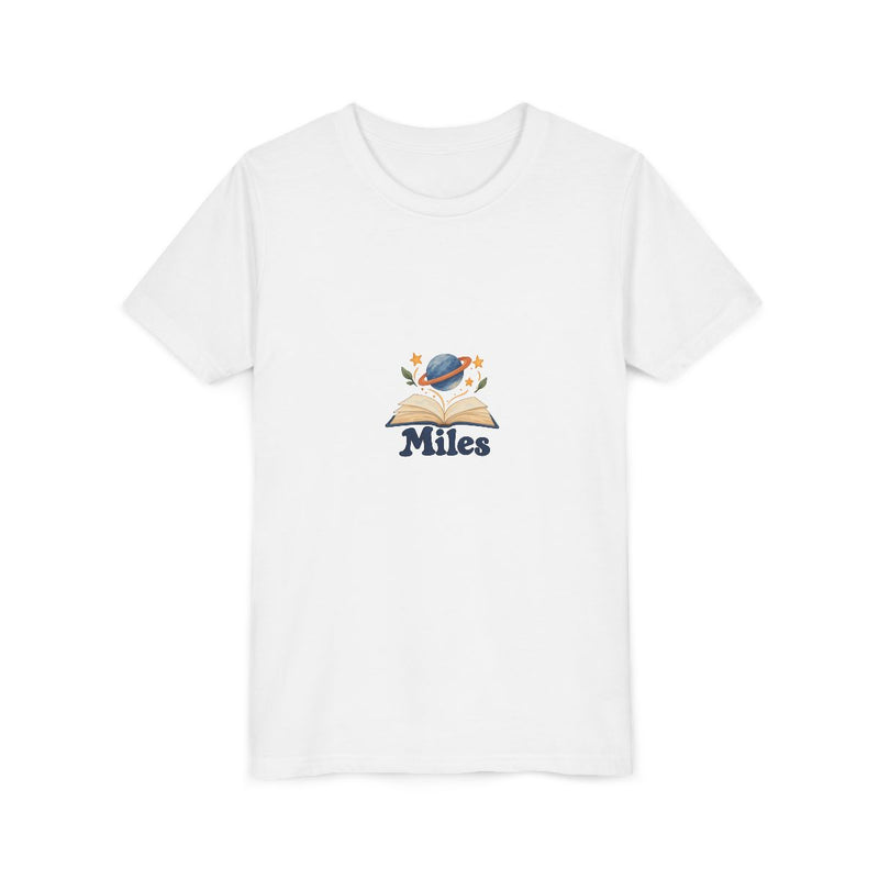 Personalized Reading Universe Youth T-Shirt — Custom Name — White / S, White / M, White / L, White / XL — personalized example, official product view 3