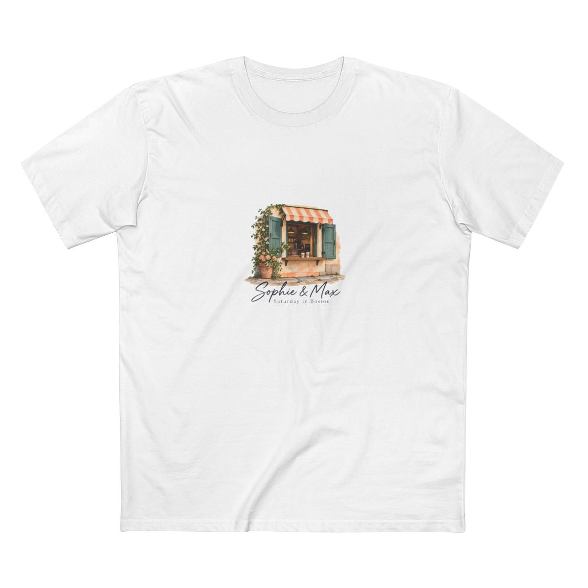 Personalized Saturday Cafe Names & Place Cotton T-Shirt — White / M, White / S, White / L, White / XL, White / 2XL — personalized example, official product view 1