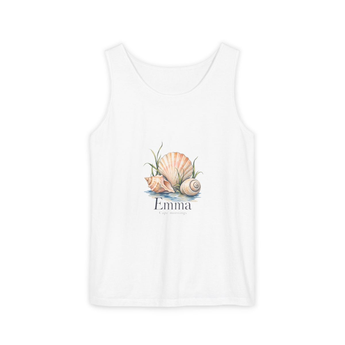 Personalized Seashell Name & Beach Memory Garment Dyed Tank — 2XL / White, XL / White, L / White, S / White, M / White — personalized example, official product view 1