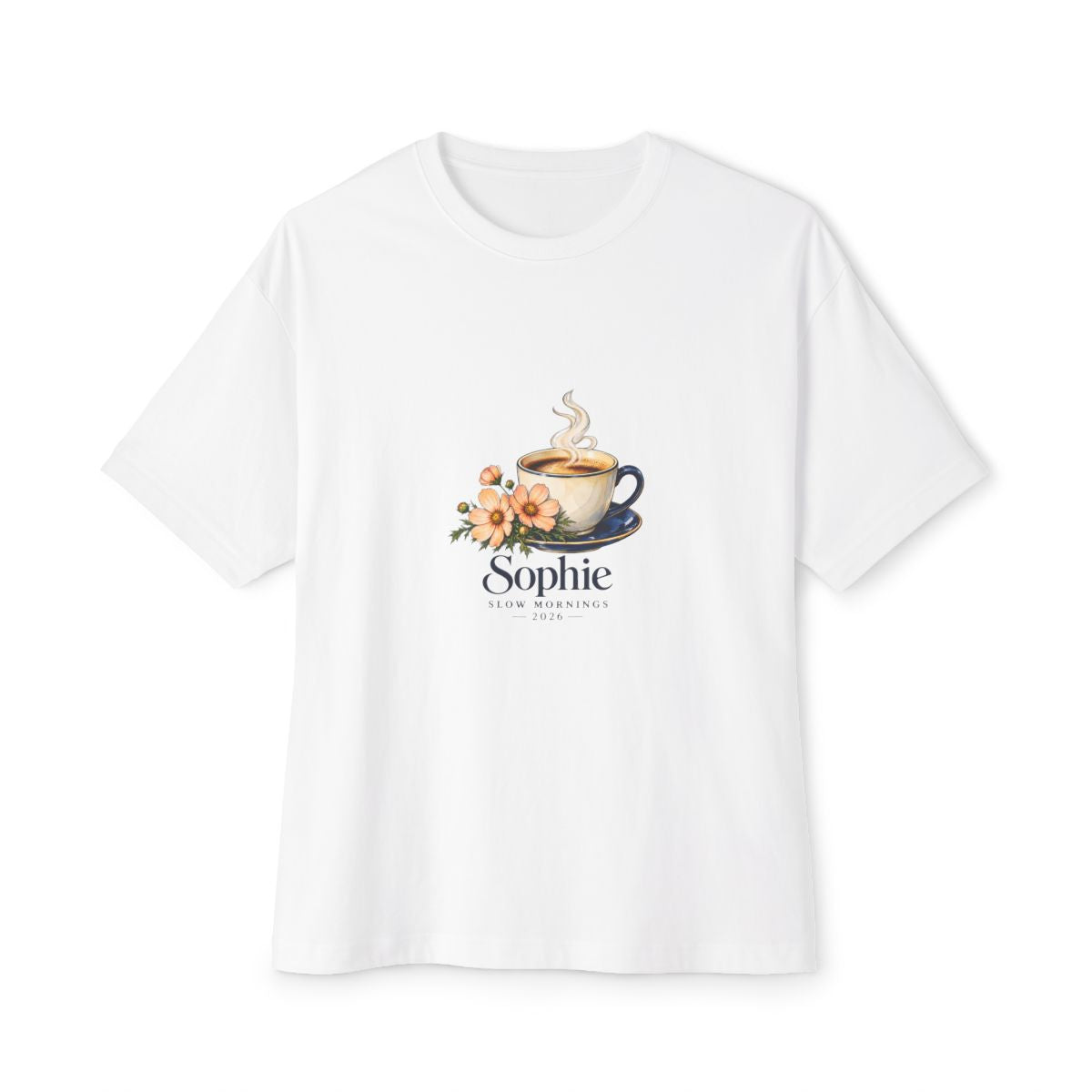 Personalized Slow Mornings Coffee Name & Year Boxy Tee — 2XL / White, XL / White, S / White, L / White, M / White — personalized example, official product view 1