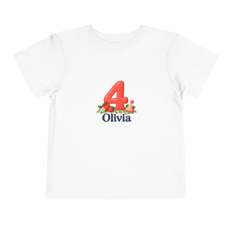 Personalized Strawberry Picnic Birthday Toddler Tee — Name & Age — White / 2T, White / 5T, White / 3T, White / 4T — personalized example, official product view 1