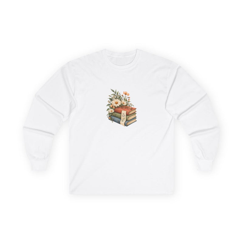 Personalized Teacher Book & Flower Long Sleeve Tee — Your Name — XL / White, L / White, S / White, M / White, 2XL / White — personalized example, official product view 1