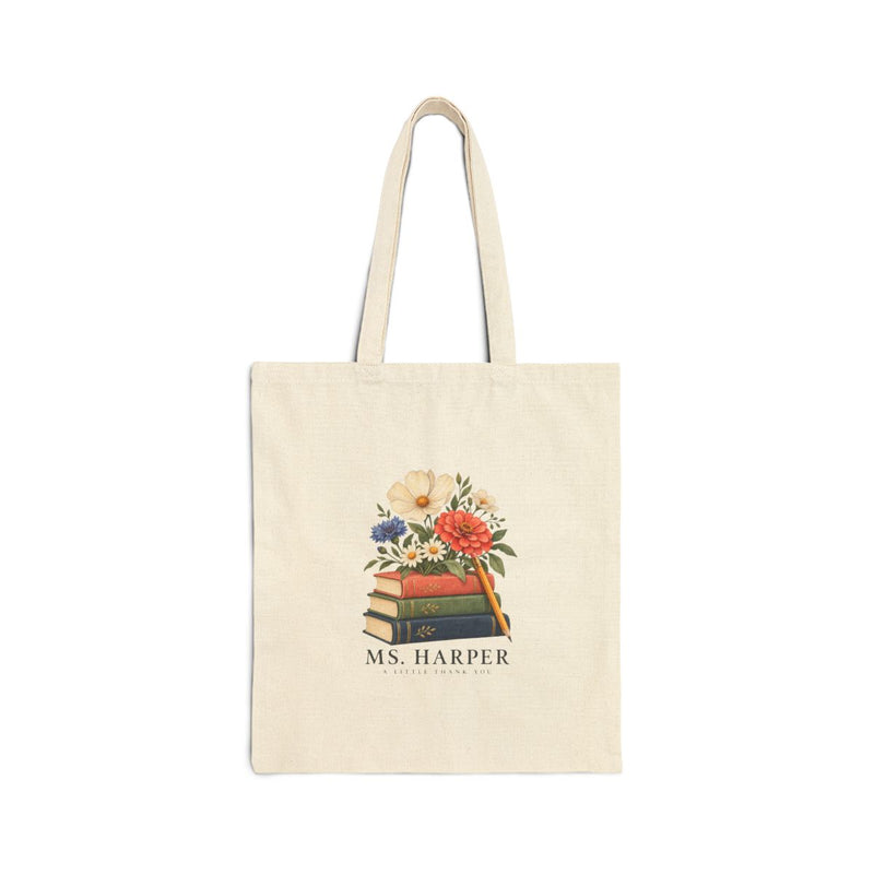 Personalized Teacher Book & Flower Tote — Custom Name Cotton Canvas Bag — Natural / 15" x 16" — personalized example, official product view 1