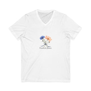 Personalized Two Names Cornflower & Cosmos V-Neck Tee — L / White, 2XL / White, M / White, S / White, XL / White — personalized example, official product view 1