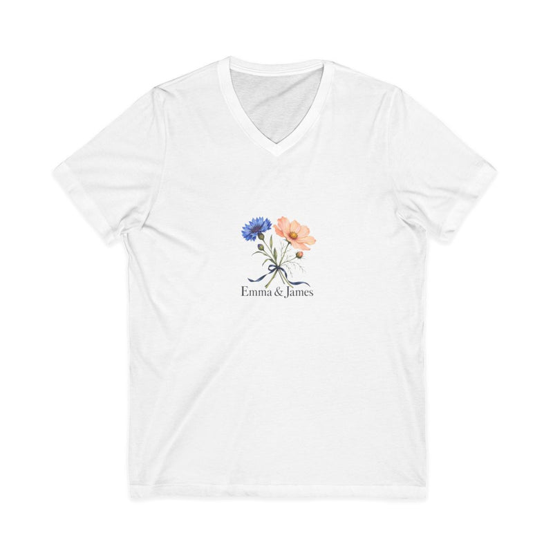 Personalized Two Names Cornflower & Cosmos V-Neck Tee — L / White, 2XL / White, M / White, S / White, XL / White — personalized example, official product view 1