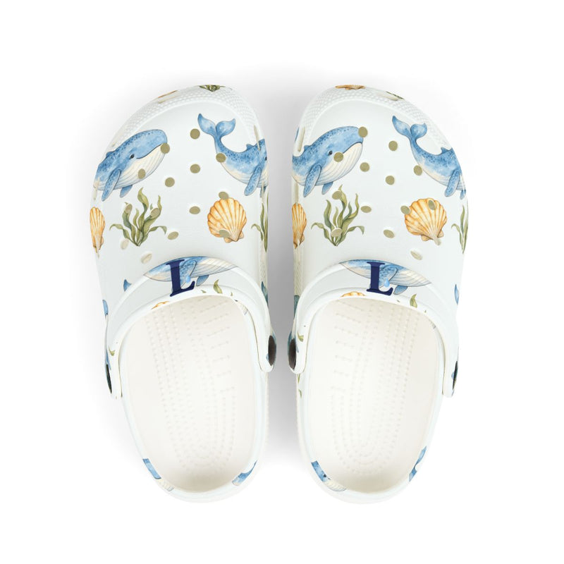 Personalized Whale Initial Kids EVA Clogs — US 6.5 (Kid's) / White, US 8 (Kid's) / White, US 9.5 (Kid's) / White, US 11 (Kid's) / White, US 12 (Kid's) / White, US 13.5 (Kid's) / White — personalized example, official product view 1