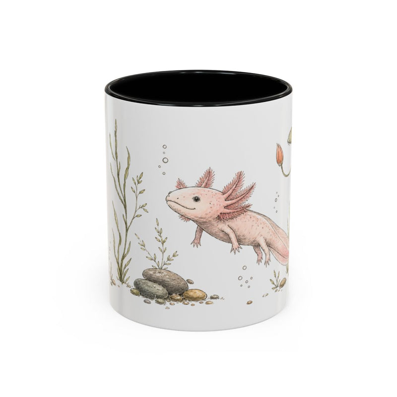 Pink Axolotl Accent Mug | Watercolor Nature Coffee Cup | 11oz 15oz Woodland Animal Gift — 11oz / Black — front