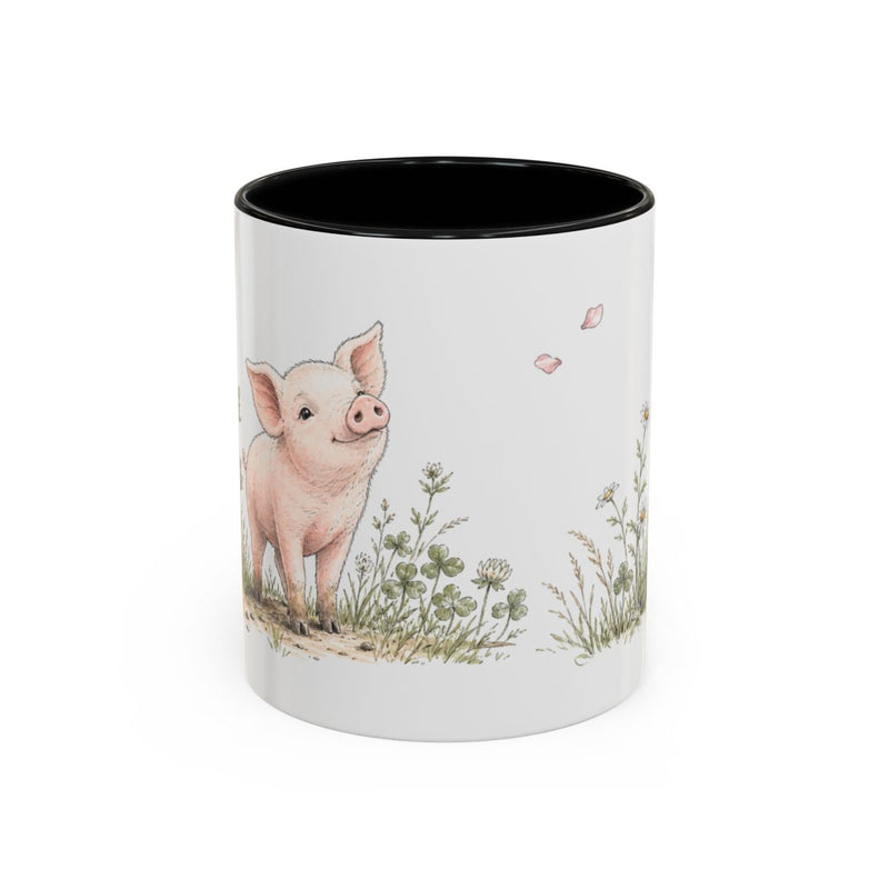 Pink Piglet Accent Mug | Watercolor Nature Coffee Cup | 11oz 15oz Farm Animal Gift — 11oz / Black — front
