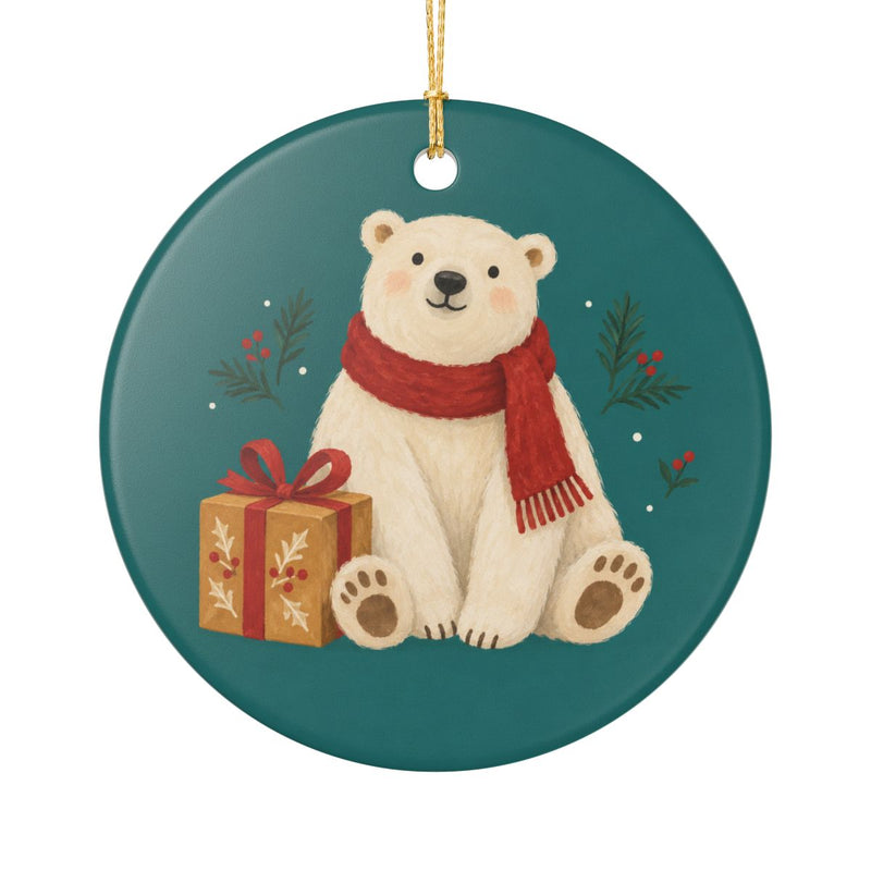 Polar Bear with a Gift Ceramic Ornament, Double Sided Round Christmas Decoration, Holiday Keepsake Gift — 6ad87290931ebbf89508ef9f_112959_110283_front