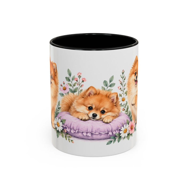 Pomeranian Mug, Cute Watercolor Dog Coffee Cup, Floral Pet Lover Gift, 11oz 15oz Ceramic Accent Mug — 11oz / Black — front