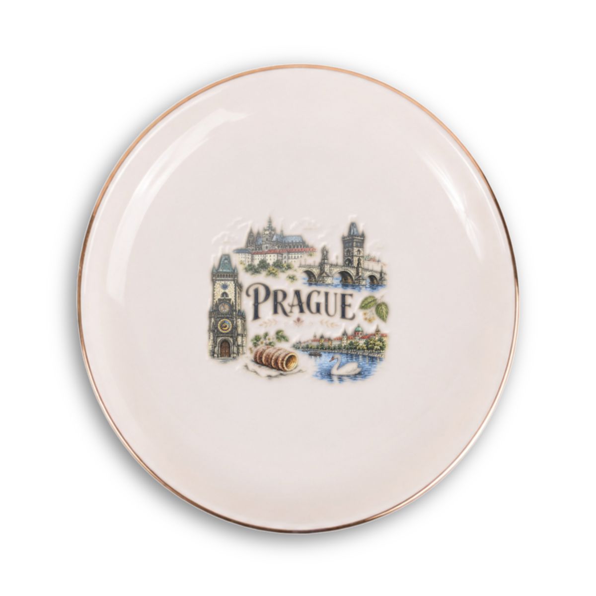 Prague Ceramic Ring Dish, Gold Rim Trinket Tray, Jewelry Holder Gift, Round Wavy Round Heart — Front view — Photo 1