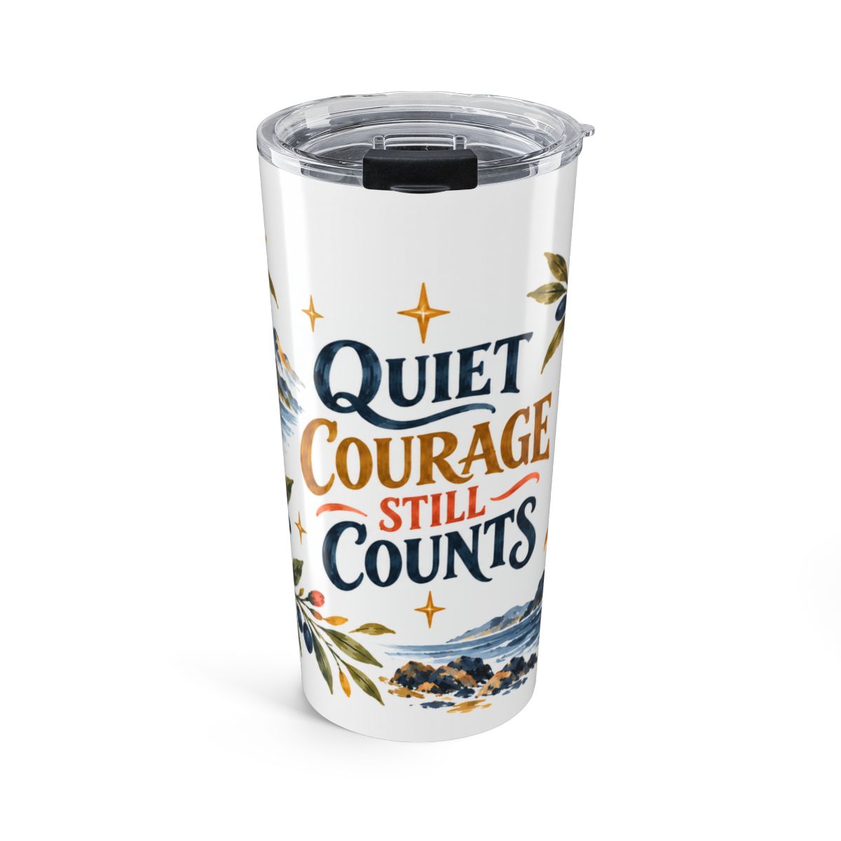 Quiet Courage Still Counts 20oz Tumbler, Botanical Inspirational Quote Gift, Insulated Stainless Steel Travel Cup — Front view — Photo 1