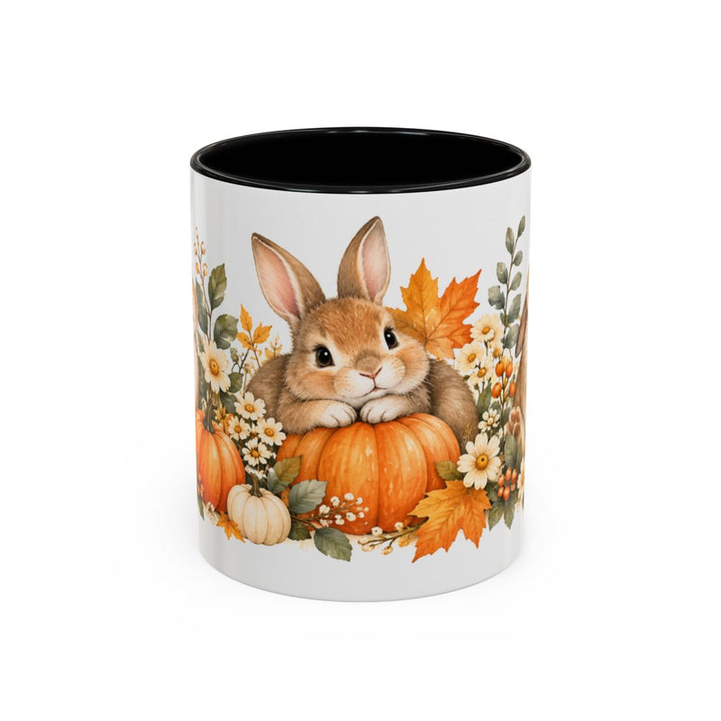 Rabbit Mug, Autumn Meadow, Cute Watercolor Animal Coffee Cup, Rabbit Lover Gift, 11oz 15oz Ceramic Accent Mug — 11oz / Black — front