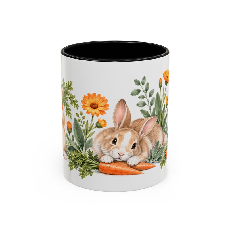 Rabbit Mug, Carrot Garden, Cute Watercolor Animal Coffee Cup, Rabbit Lover Gift, 11oz 15oz Ceramic Accent Mug — 11oz / Black — front