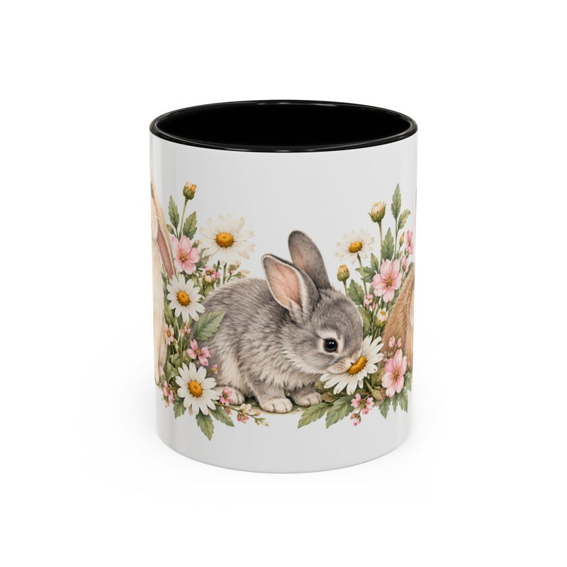 Rabbit Mug, Daisy Garden, Cute Watercolor Animal Coffee Cup, Rabbit Lover Gift, 11oz 15oz Ceramic Accent Mug — 11oz / Black — front