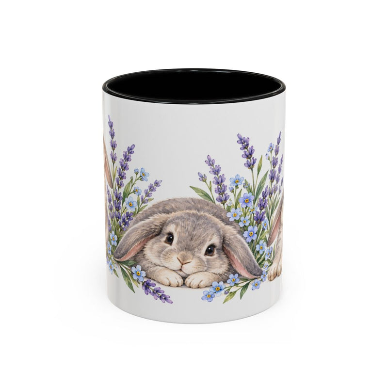 Rabbit Mug, Lavender Dreams, Cute Watercolor Animal Coffee Cup, Rabbit Lover Gift, 11oz 15oz Ceramic Accent Mug — 11oz / Black — front