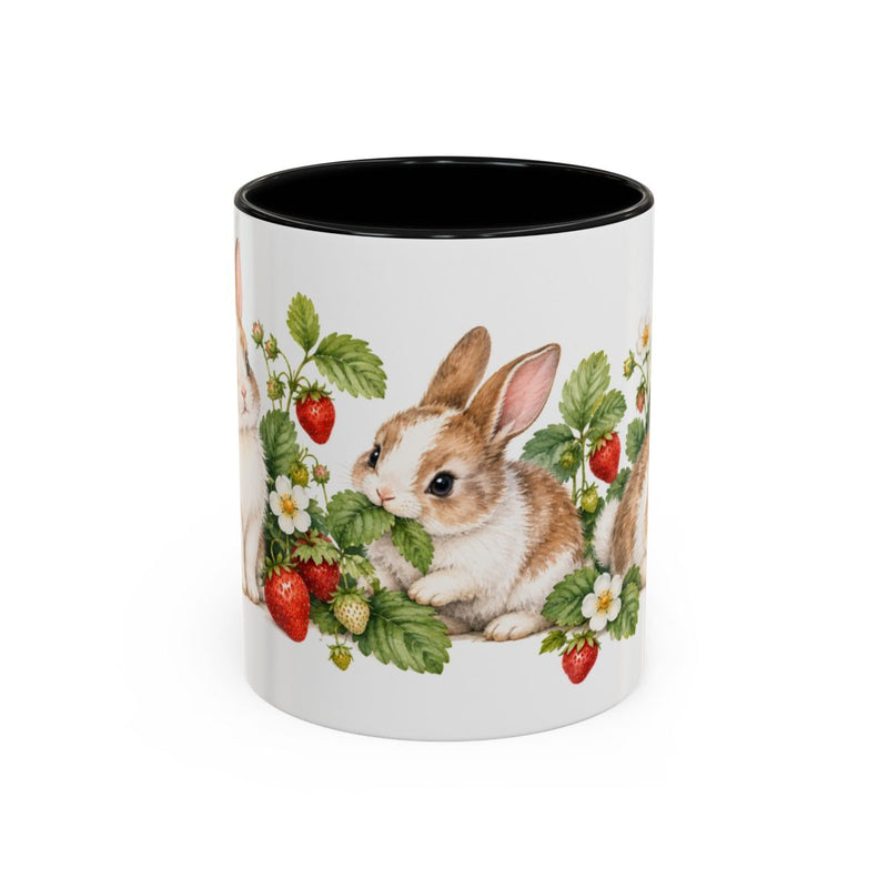 Rabbit Mug, Strawberry Patch, Cute Watercolor Animal Coffee Cup, Rabbit Lover Gift, 11oz 15oz Ceramic Accent Mug — 11oz / Black — front