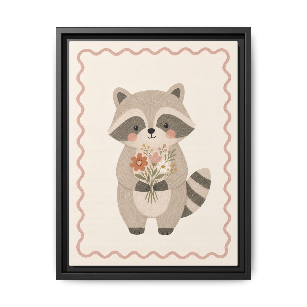 Raccoon Flowers Framed Nursery Canvas, Storybook Kids Room Wall Art, 12x16 18x24 — 6ad866c0bc601941bd09f8c2_88292_103215_front