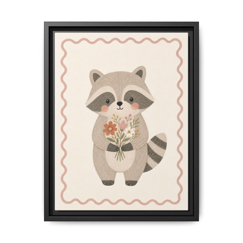 Raccoon Flowers Framed Nursery Canvas, Storybook Kids Room Wall Art, 12x16 18x24 — 6ad866c0bc601941bd09f8c2_88292_103215_front