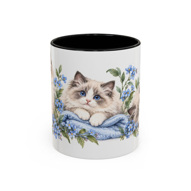 Ragdoll Mug, Cute Watercolor Cat Coffee Cup, Floral Pet Lover Gift, 11oz 15oz Ceramic Accent Mug — 11oz / Black — front