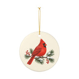 Red Cardinal and Pine Ceramic Ornament, Double Sided Round Christmas Decoration, Holiday Keepsake Gift — Product view — Photo 3