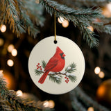 Red Cardinal and Pine Ceramic Ornament, Double Sided Round Christmas Decoration, Holiday Keepsake Gift — Lifestyle view — Photo 7