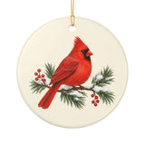 Red Cardinal and Pine Ceramic Ornament, Double Sided Round Christmas Decoration, Holiday Keepsake Gift — Back view — Photo 2