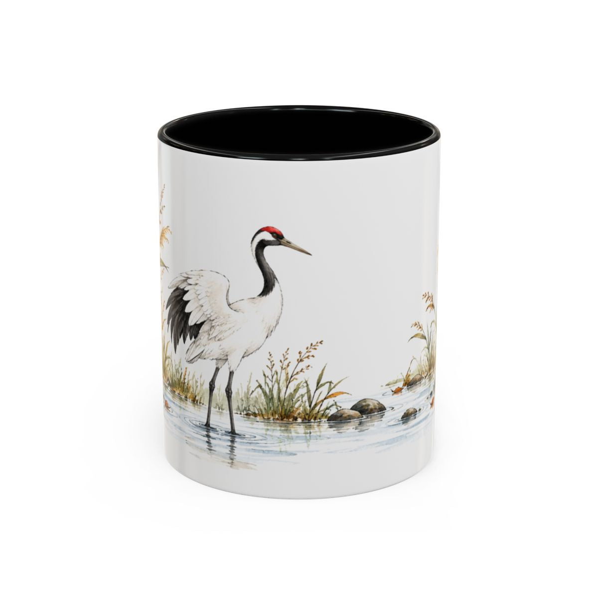 Red Crowned Crane Mug, Autumn Reeds Watercolor Bird Coffee Cup, Elegant Nature Gift, 11oz 15oz Ceramic Accent Mug — Front view — Photo 1