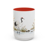 Red Crowned Crane Mug, Autumn Reeds Watercolor Bird Coffee Cup, Elegant Nature Gift, 11oz 15oz Ceramic Accent Mug — Front view — Photo 8