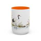 Red Crowned Crane Mug, Autumn Reeds Watercolor Bird Coffee Cup, Elegant Nature Gift, 11oz 15oz Ceramic Accent Mug — Front view — Photo 13