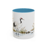 Red Crowned Crane Mug, Autumn Reeds Watercolor Bird Coffee Cup, Elegant Nature Gift, 11oz 15oz Ceramic Accent Mug — Front view — Photo 9