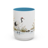 Red Crowned Crane Mug, Autumn Reeds Watercolor Bird Coffee Cup, Elegant Nature Gift, 11oz 15oz Ceramic Accent Mug — Front view — Photo 10