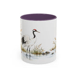 Red Crowned Crane Mug, Autumn Reeds Watercolor Bird Coffee Cup, Elegant Nature Gift, 11oz 15oz Ceramic Accent Mug — Front view — Photo 16