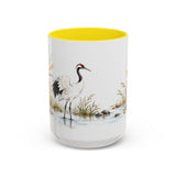 Red Crowned Crane Mug, Autumn Reeds Watercolor Bird Coffee Cup, Elegant Nature Gift, 11oz 15oz Ceramic Accent Mug — Front view — Photo 14